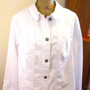 Catherines Women's Plus Size White Jean Style Jacket, Eyelet, Pockets, Size 1X